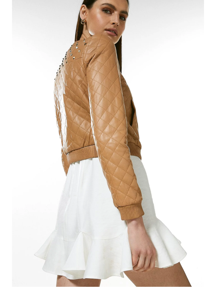 Women's Tan Beige Leather Studded Bomber Jacket
