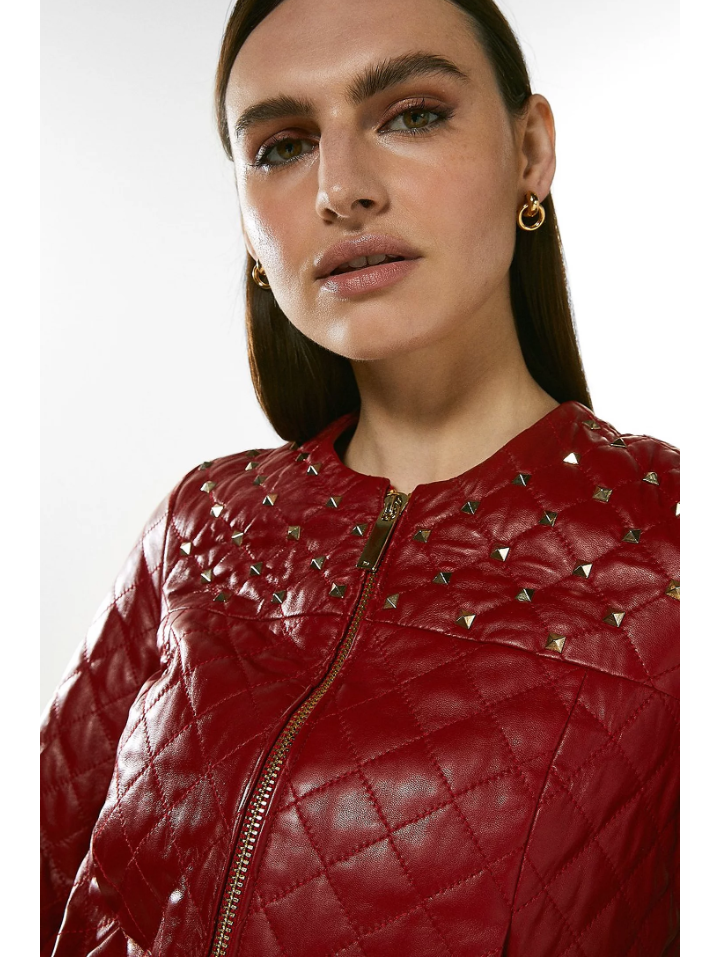 Women's Wine Red Leather Studded Bomber Jacket