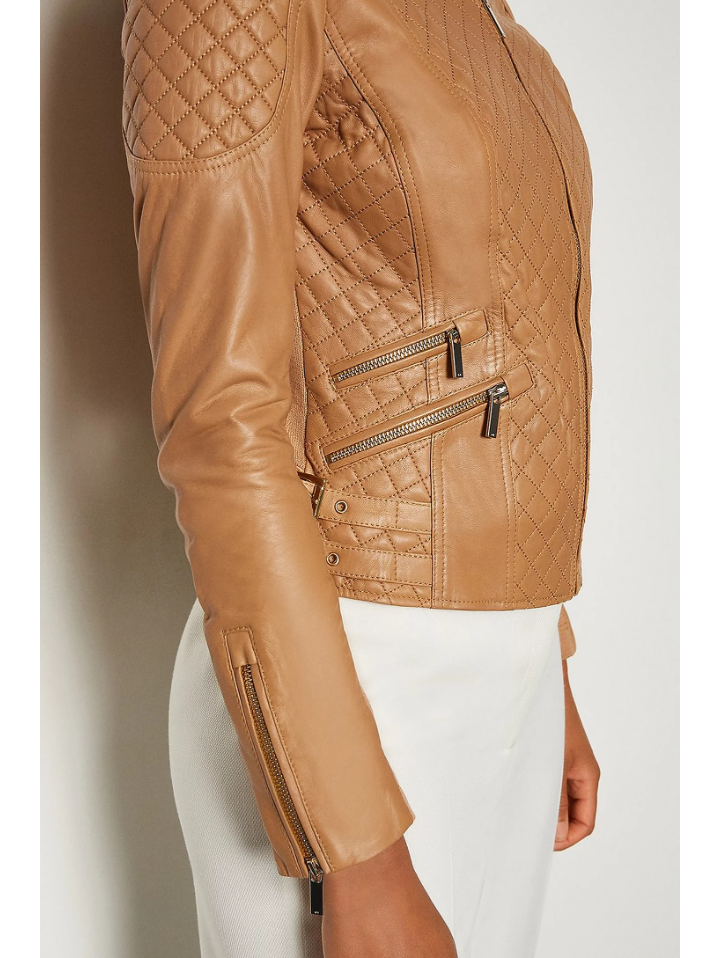 Women’s Tan Beige Leather Biker Jacket