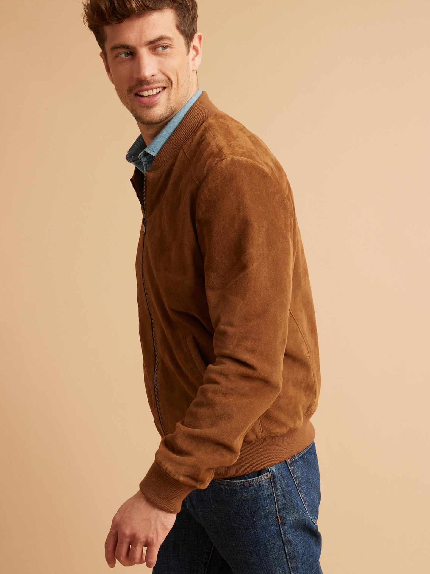 Men’s Tan Brown Suede Leather Bomber Jacket