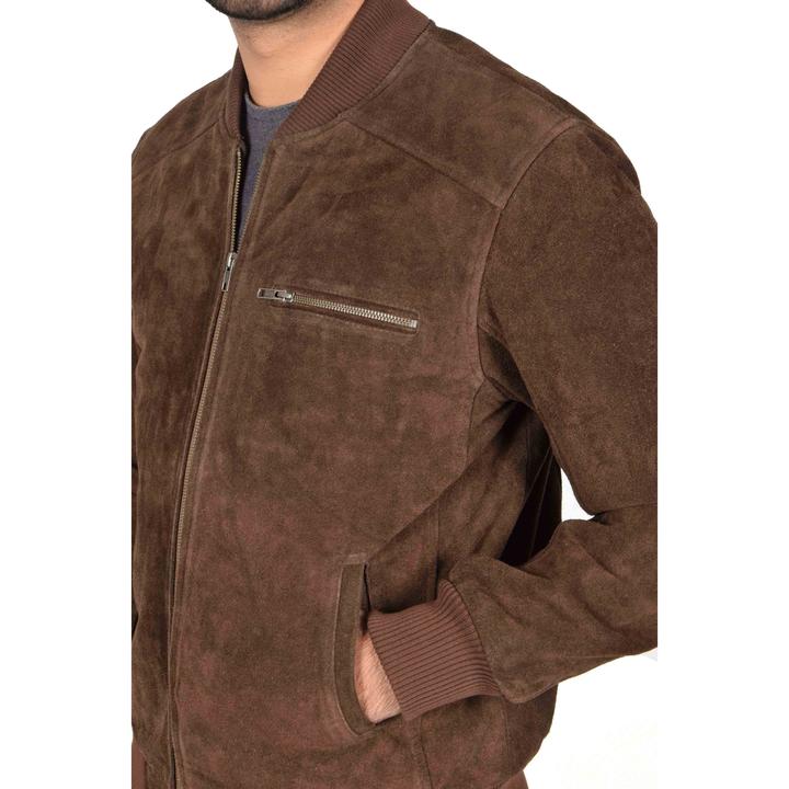 Men’s Chocolate Brown Suede Leather Bomber Jacket