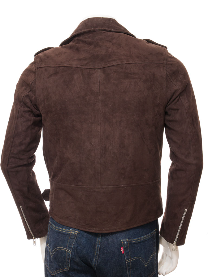 Men’s Dark Chocolate Brown Suede Leather Biker Jacket