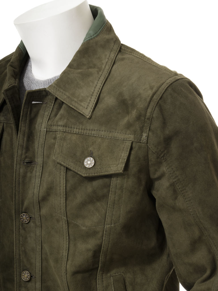 Men's Green Suede Leather Trucker Jacket