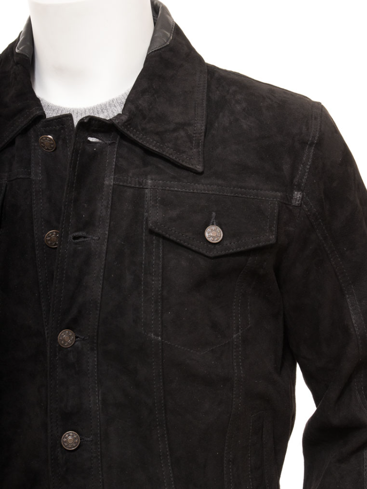 Men’s Black Suede Leather Trucker Jacket