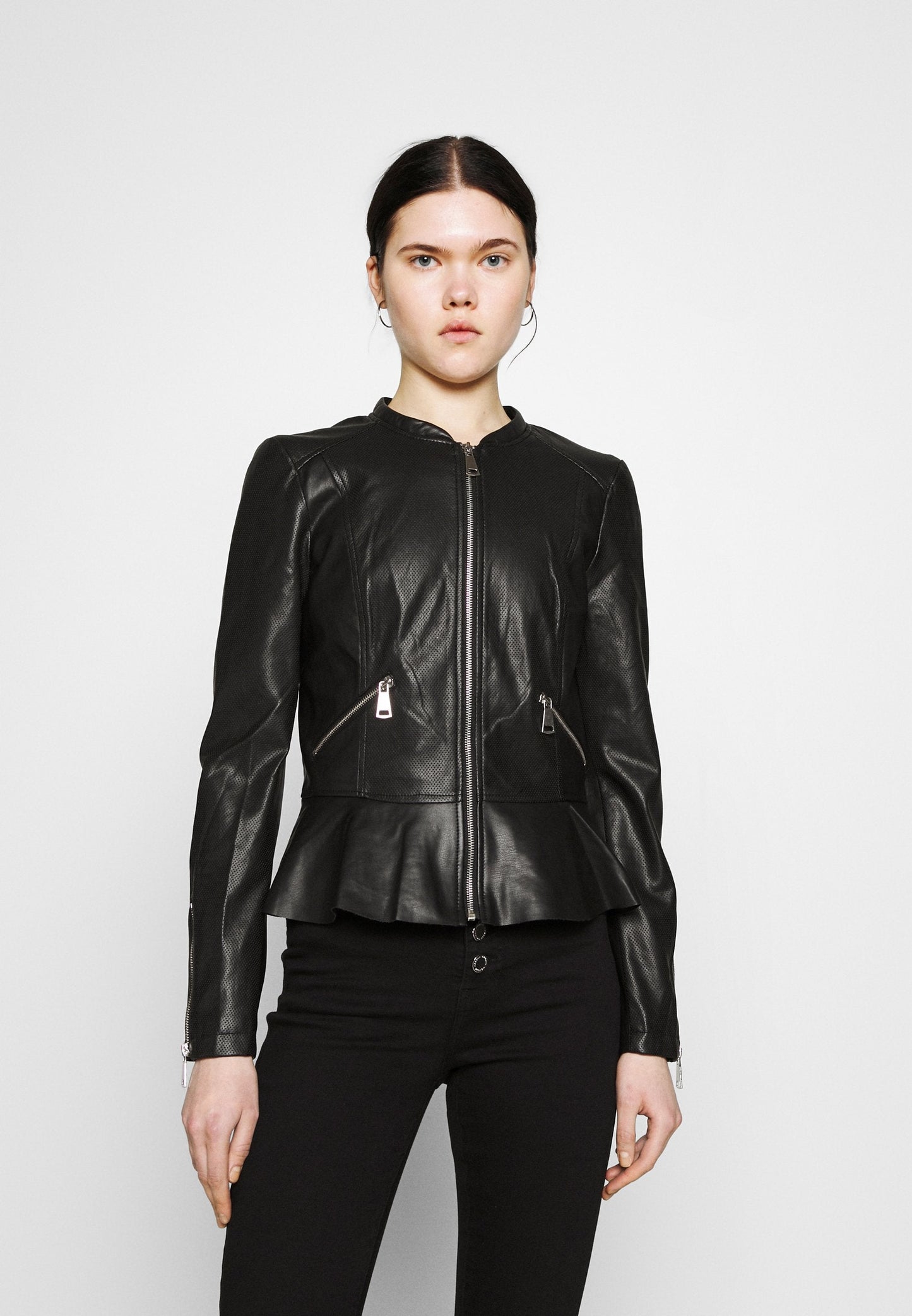 Women’s Black Leather Crew Neck Jacket