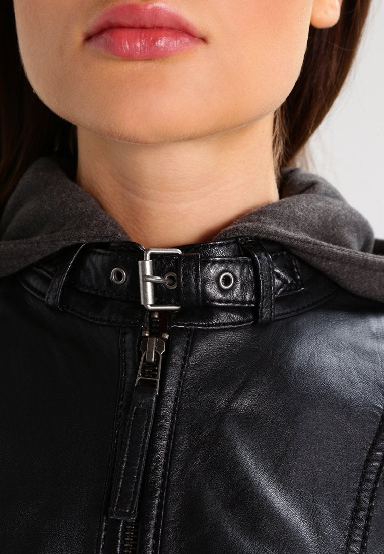 Women’s Black Leather Jacket Removable Hood