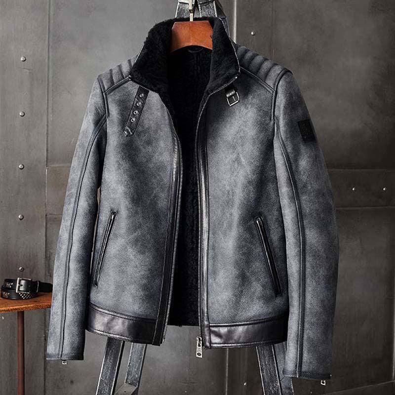Men's B3 Leather Bomber Jacket Grey Shearling Coat