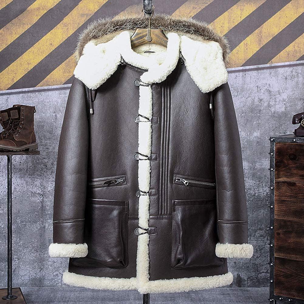 Men's Brown B3 Bomber Leather Hooded Jacket Shearling Coat