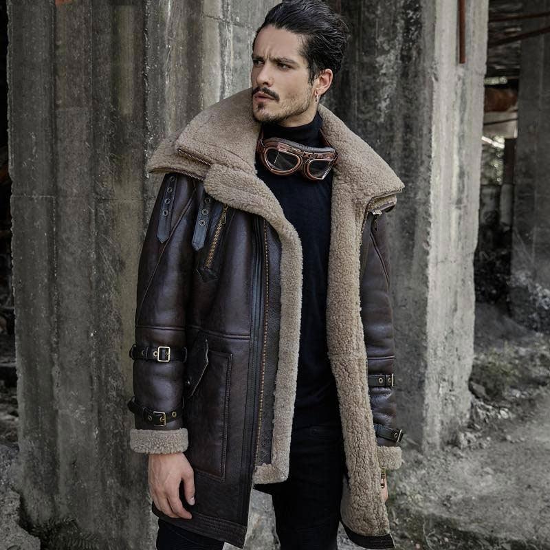 Men's B3 Flight Jacket Men’s Shearling Aviator Fur Long Coat