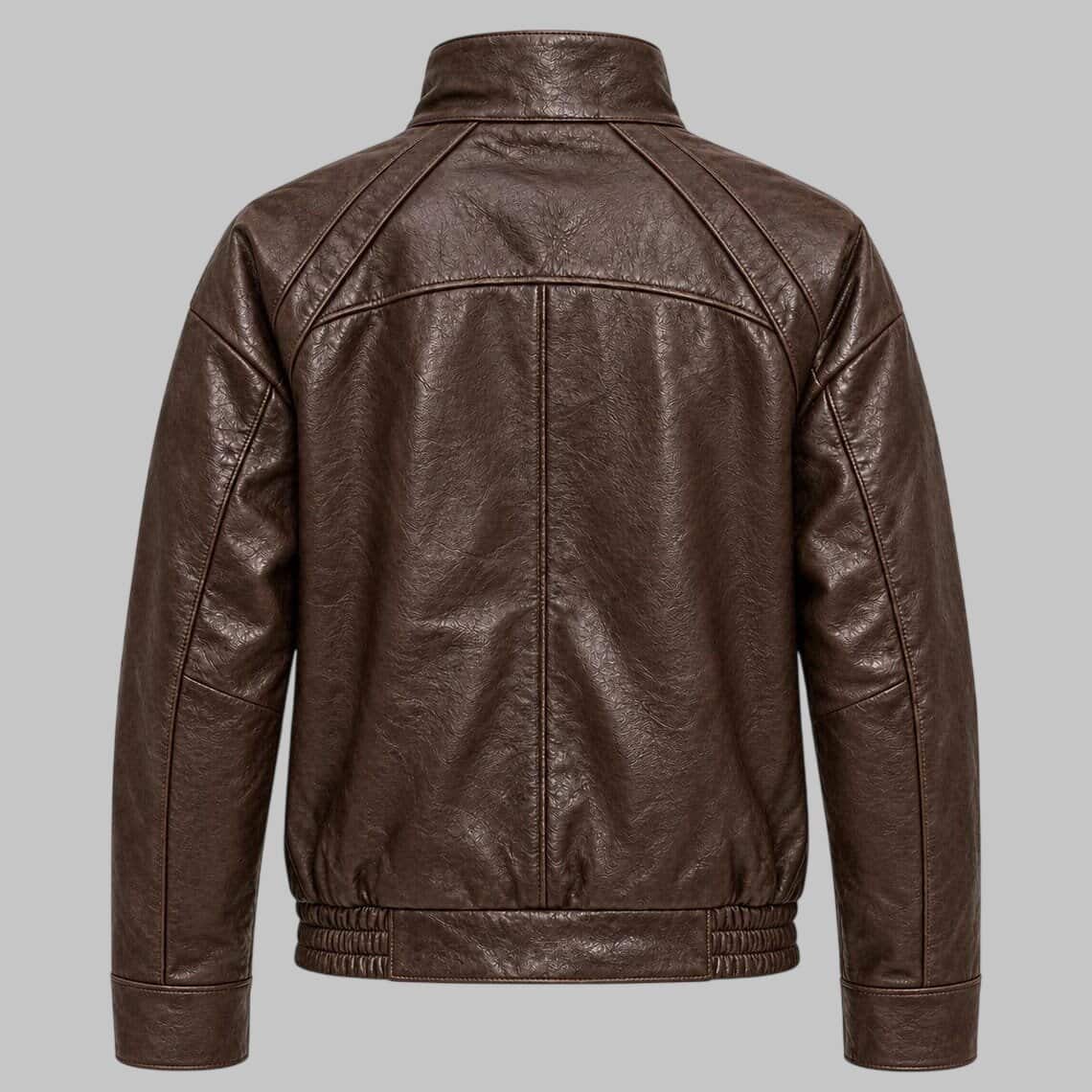 A dark brown leather jacket shown from the back, featuring a high collar, diagonal shoulder seams, and elasticized cuffs and hem, set against a solid gray background.