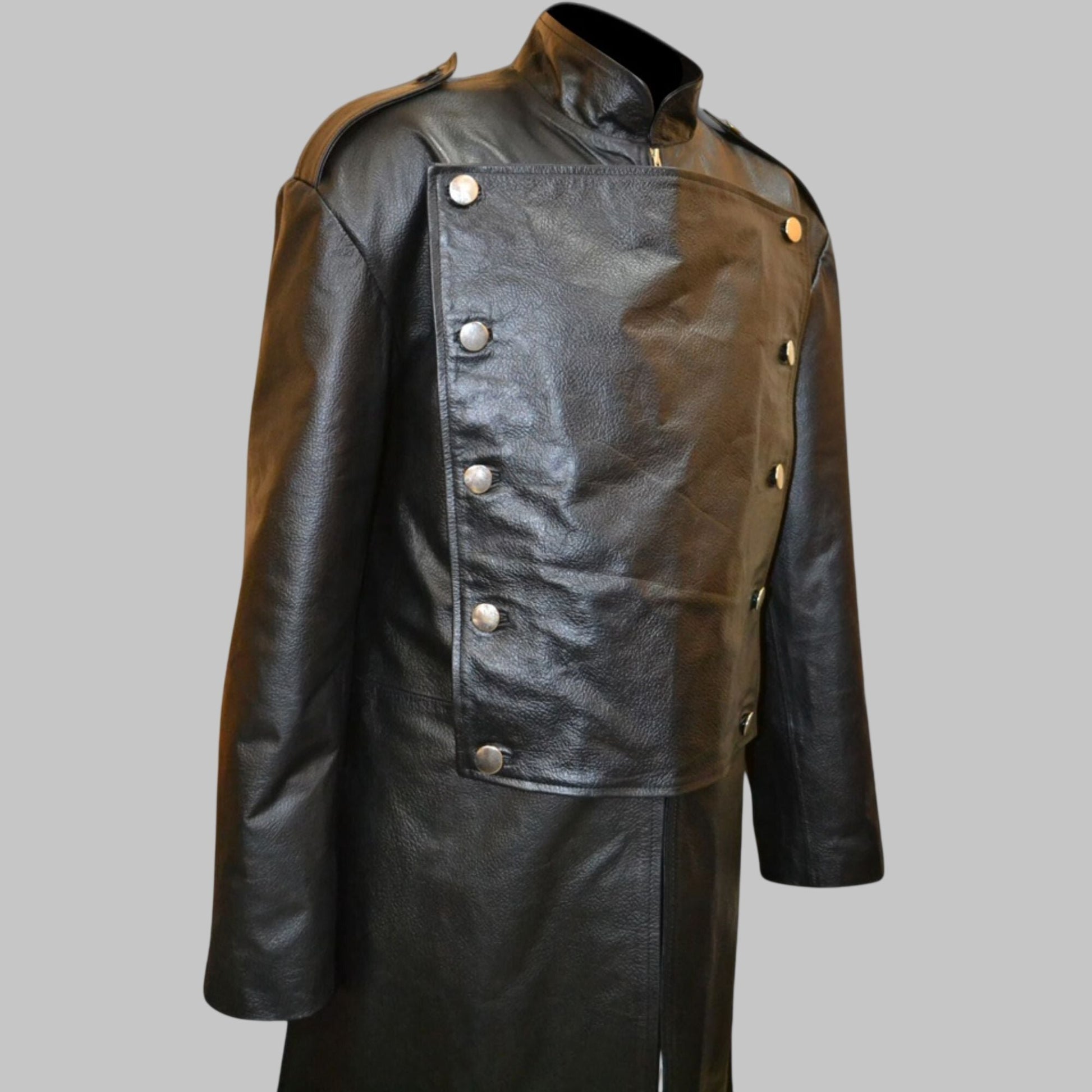 Men's Black Imperial Military Style Genuine Leather Trench Coat
