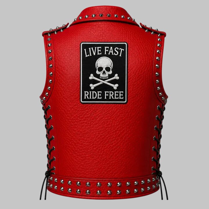Men's Red Studded Leather Biker Vest with Side Lace and Patches