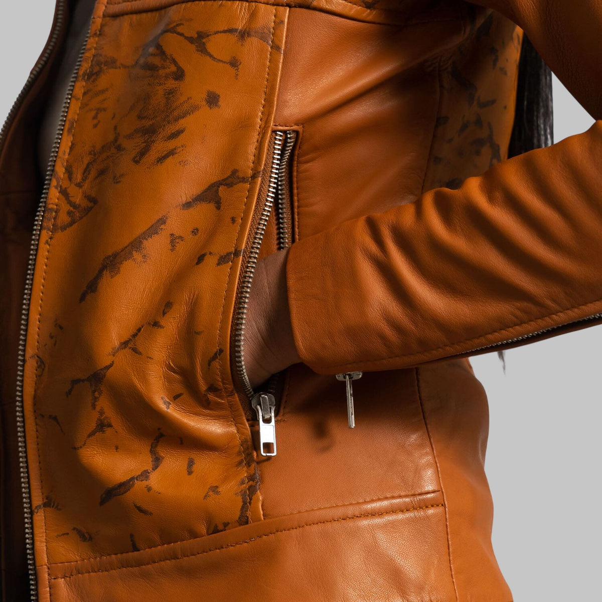 Women's Collarless Marble Print Tan Leather Jacket