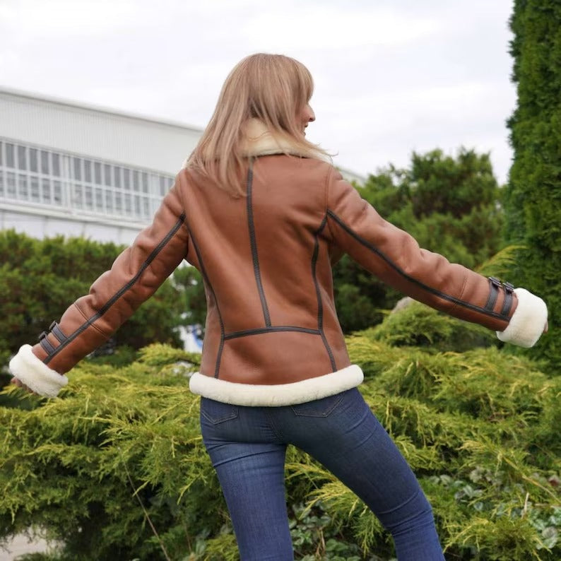 Brown B3 RAF Aviator Shearling Leather Jacket for Women