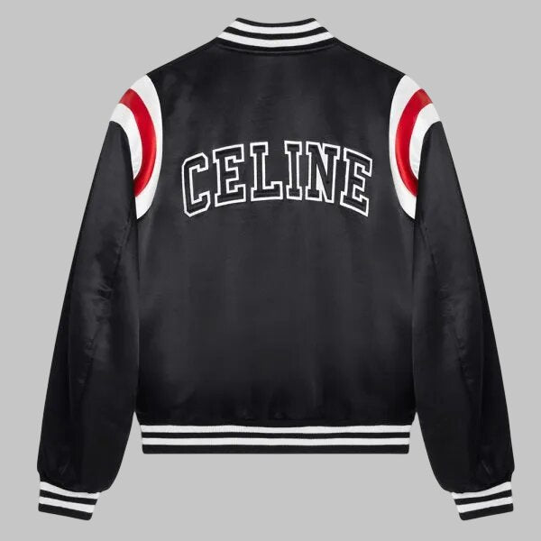 Men Black Celine Satin Bomber Varsity Jacket Kim Tae Hyung Style