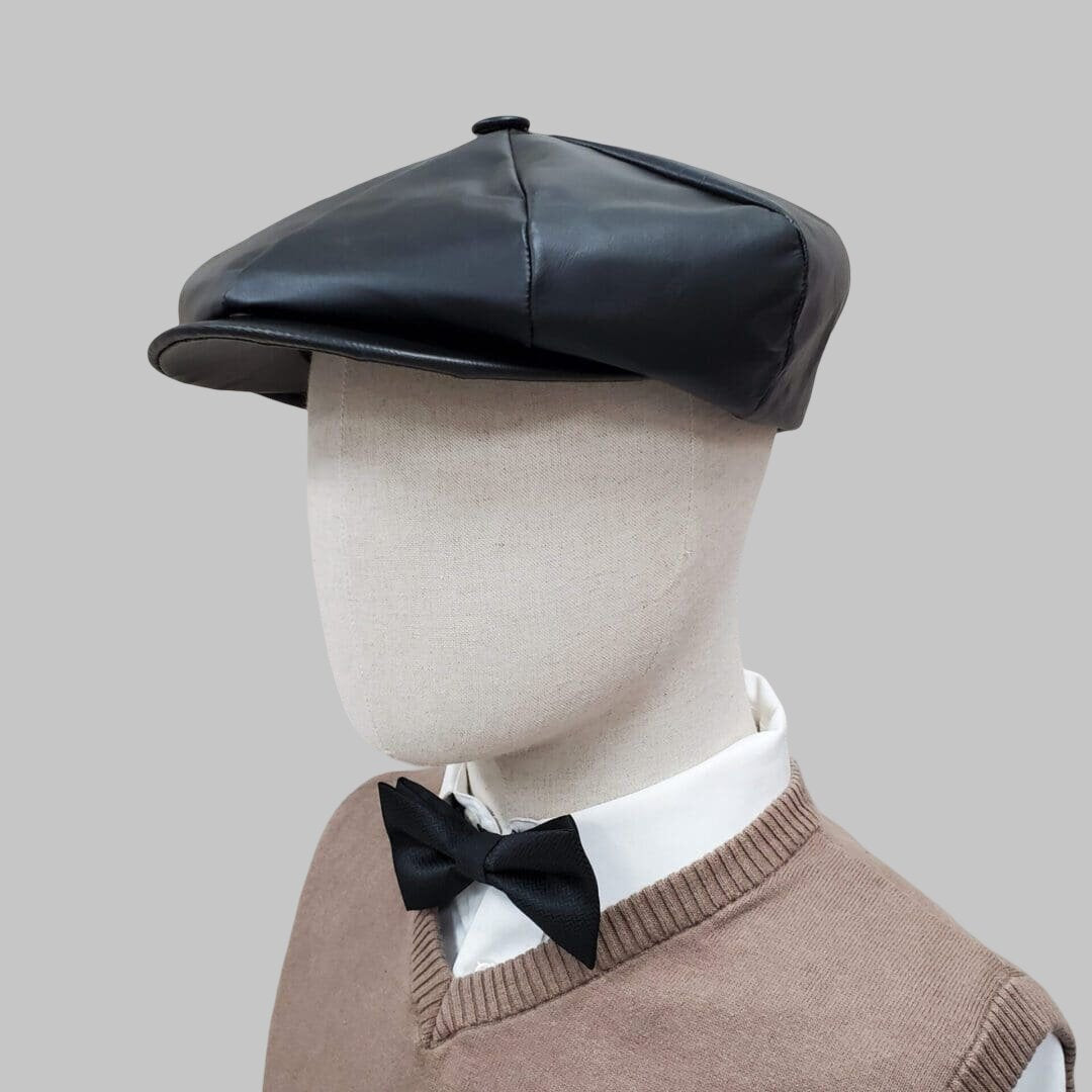 Men Black Cowhide Real Leather Newsboy Cap