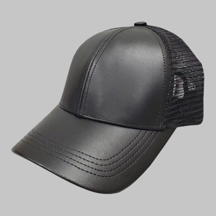 Premium Men Black Genuine Leather Mesh Trucker Cap