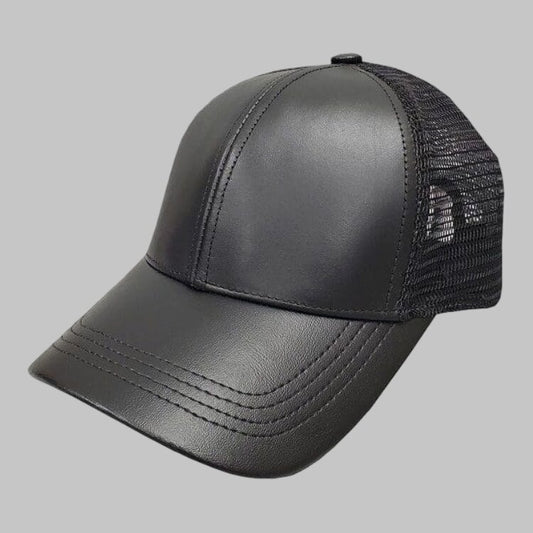 Premium Men Black Genuine Leather Mesh Trucker Cap