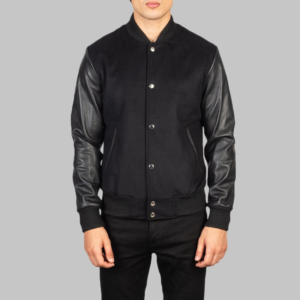 Men Black Hybrid Wool and Leather Varsity Bomber Jacket