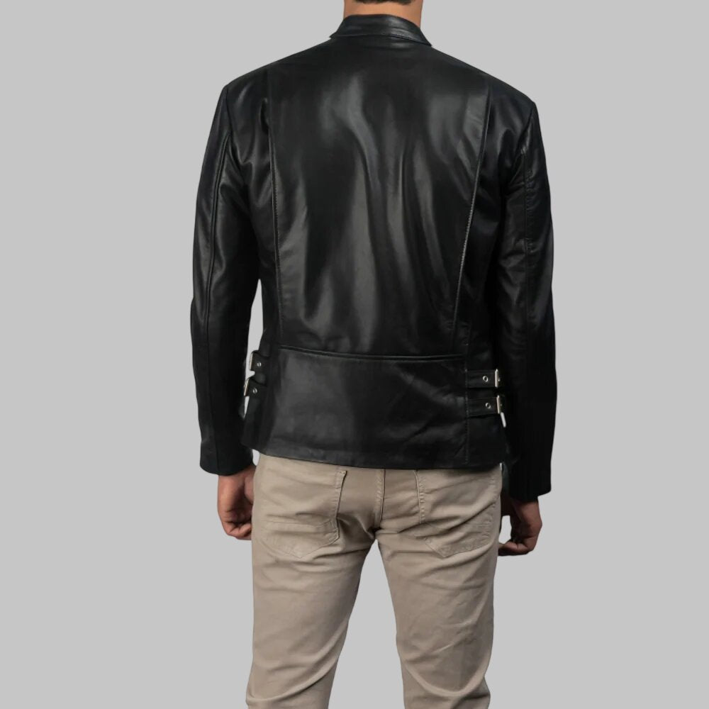 Men Black Leather Cafe Racer Jacket with White Stripes