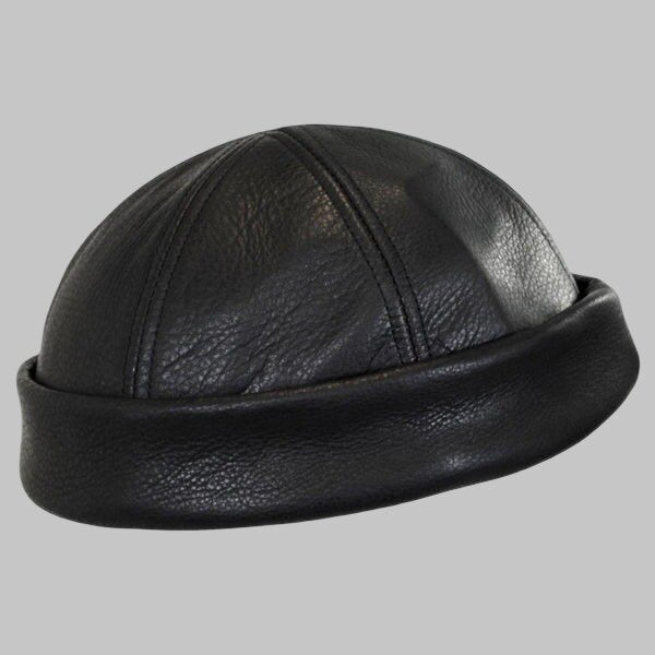 Men Black Leather Skull Cap