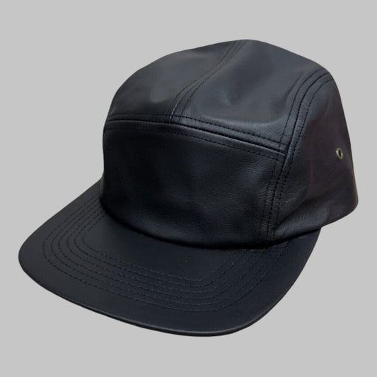 Men Black Real Leather 5 Panel Camp Cap