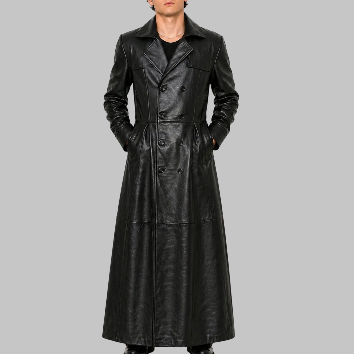 Men Black Slim Fit Genuine Leather Double Breasted Trench Coat