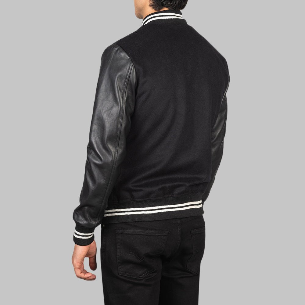 Men Black Striped Hybrid Wool and Leather Varsity Bomber Jacket
