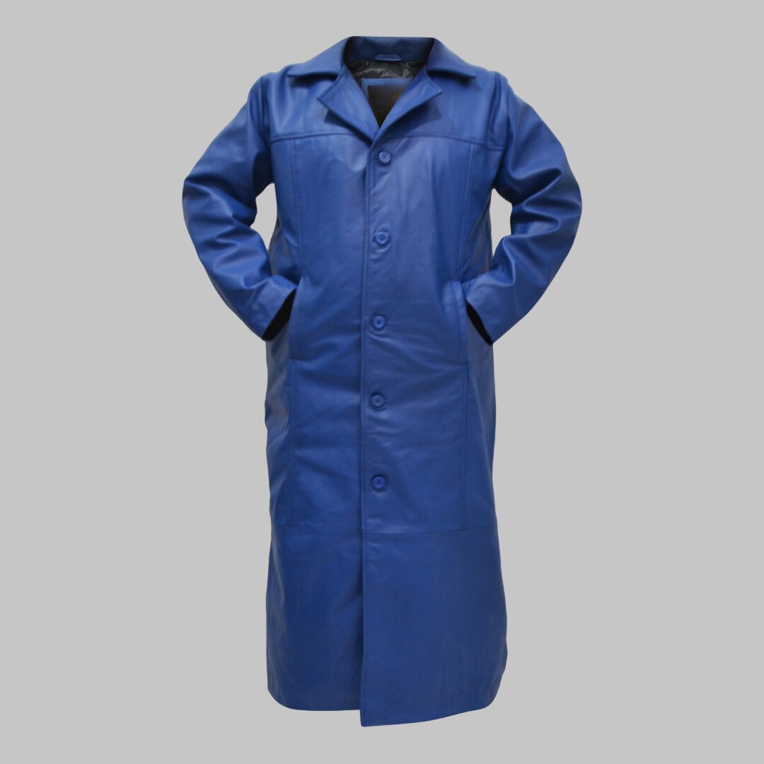Men Blue Casual Leather Trench Coat