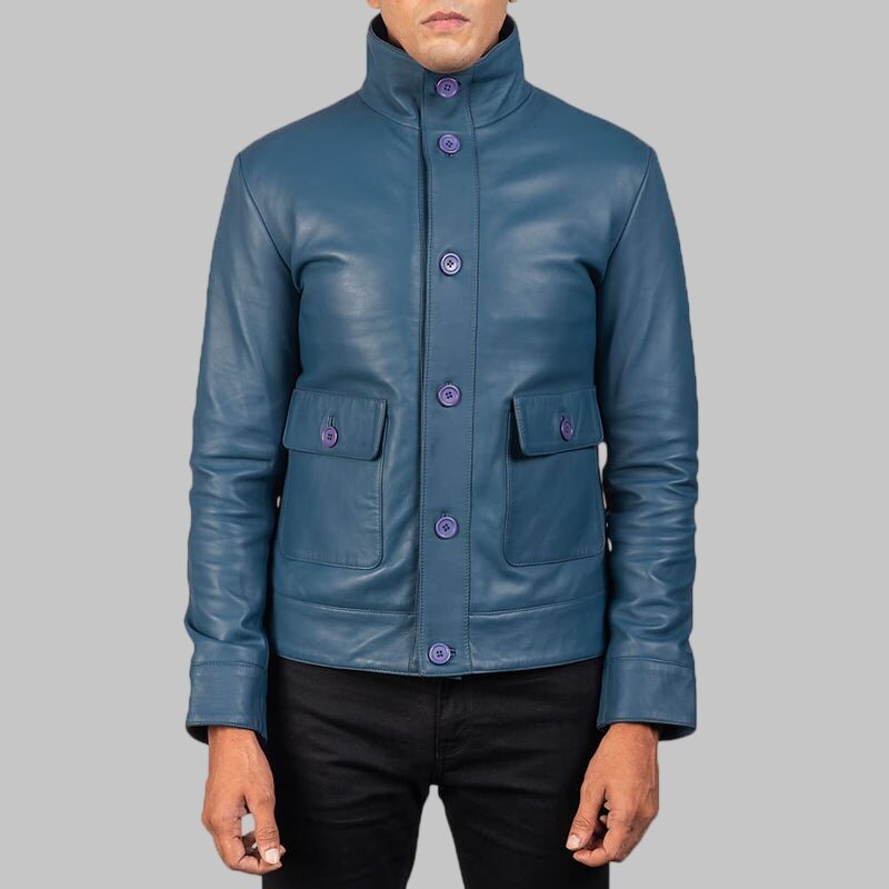 Men Blue Leather Bomber Jacket with High Collar and Flap Pockets
