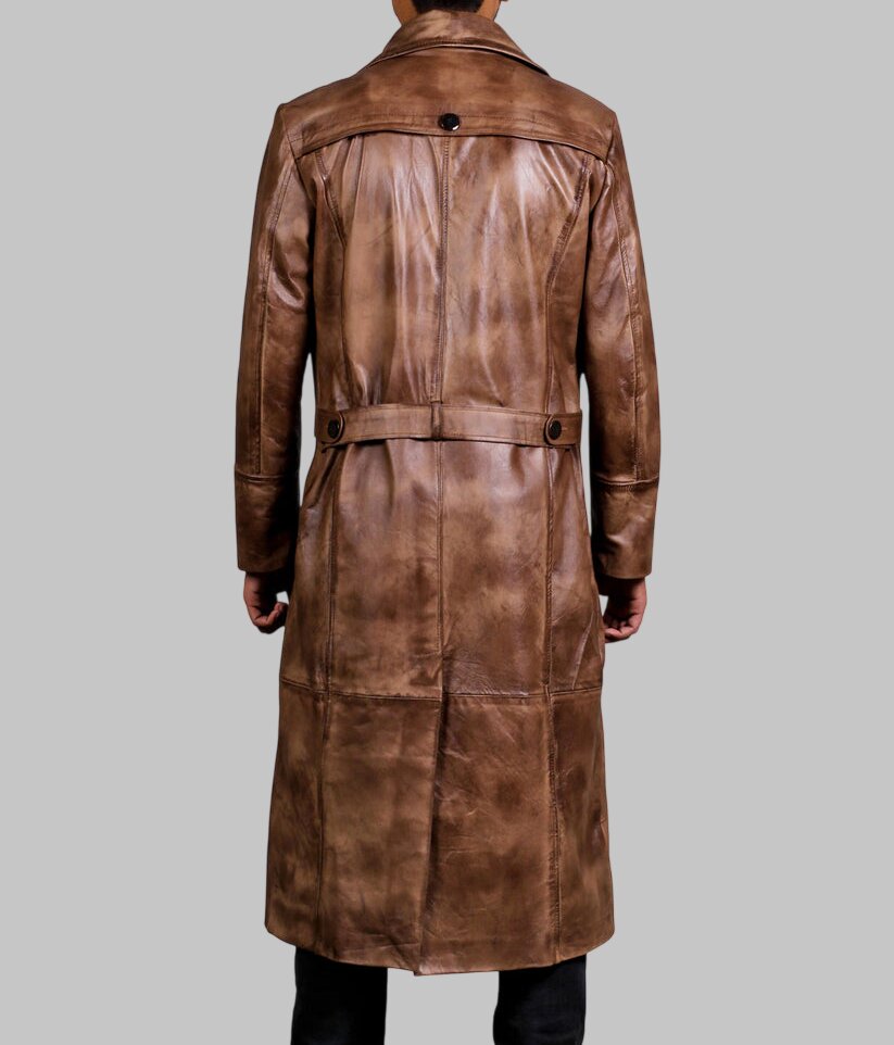 Men Brown Distressed Leather Trench Coat
