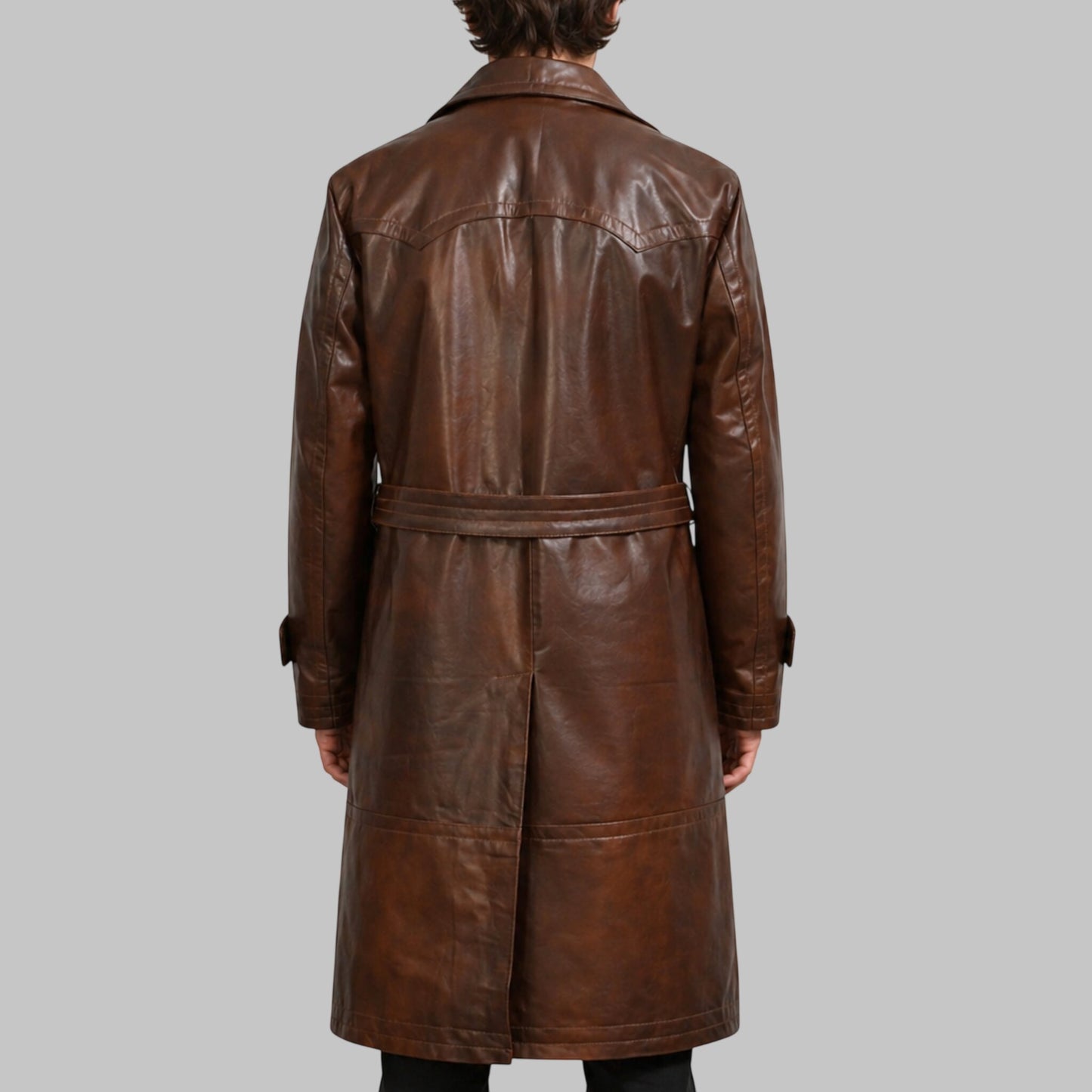 Men Brown Leather World War 1 Style Trench Coat
