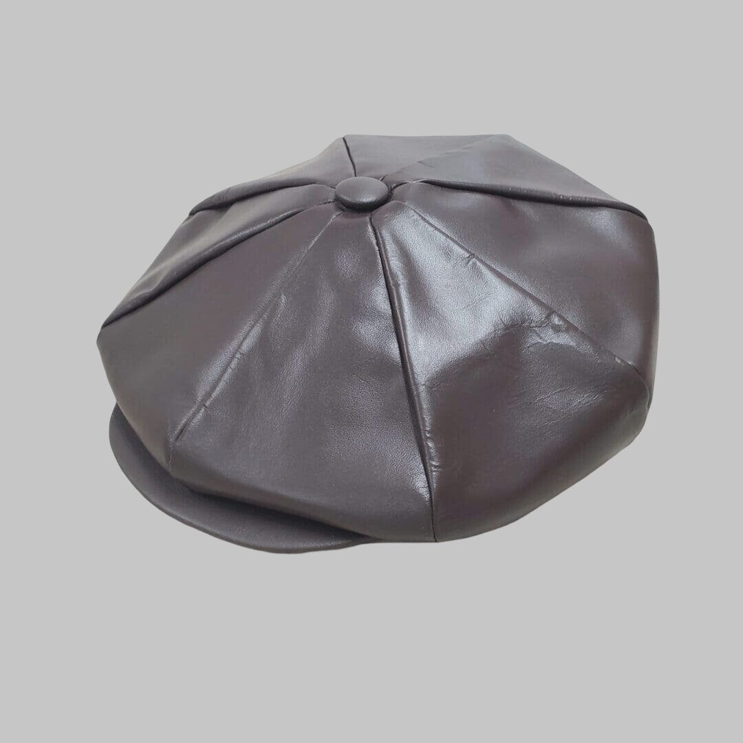 Men Dark Brown Cowhide Real Leather Newsboy Cap