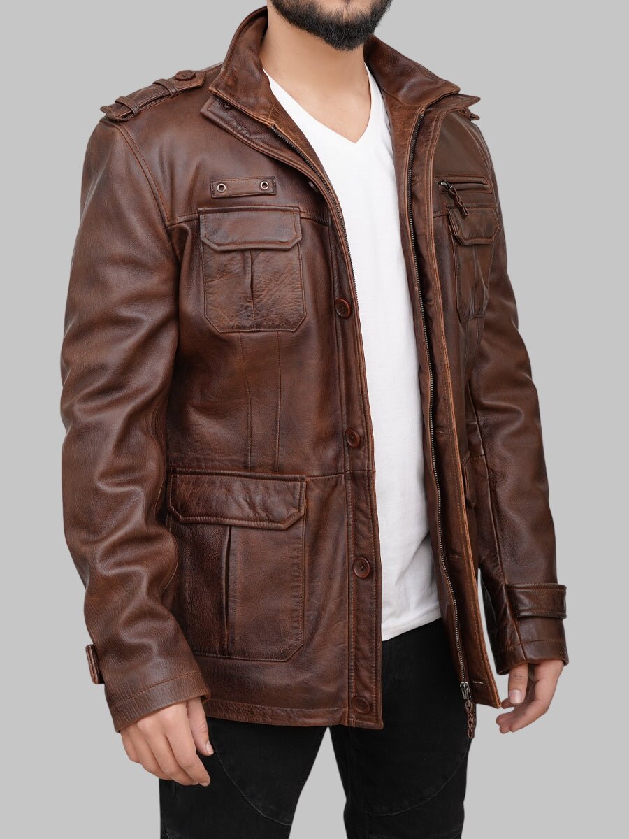 Men Distressed Brown Leather Field Jacket