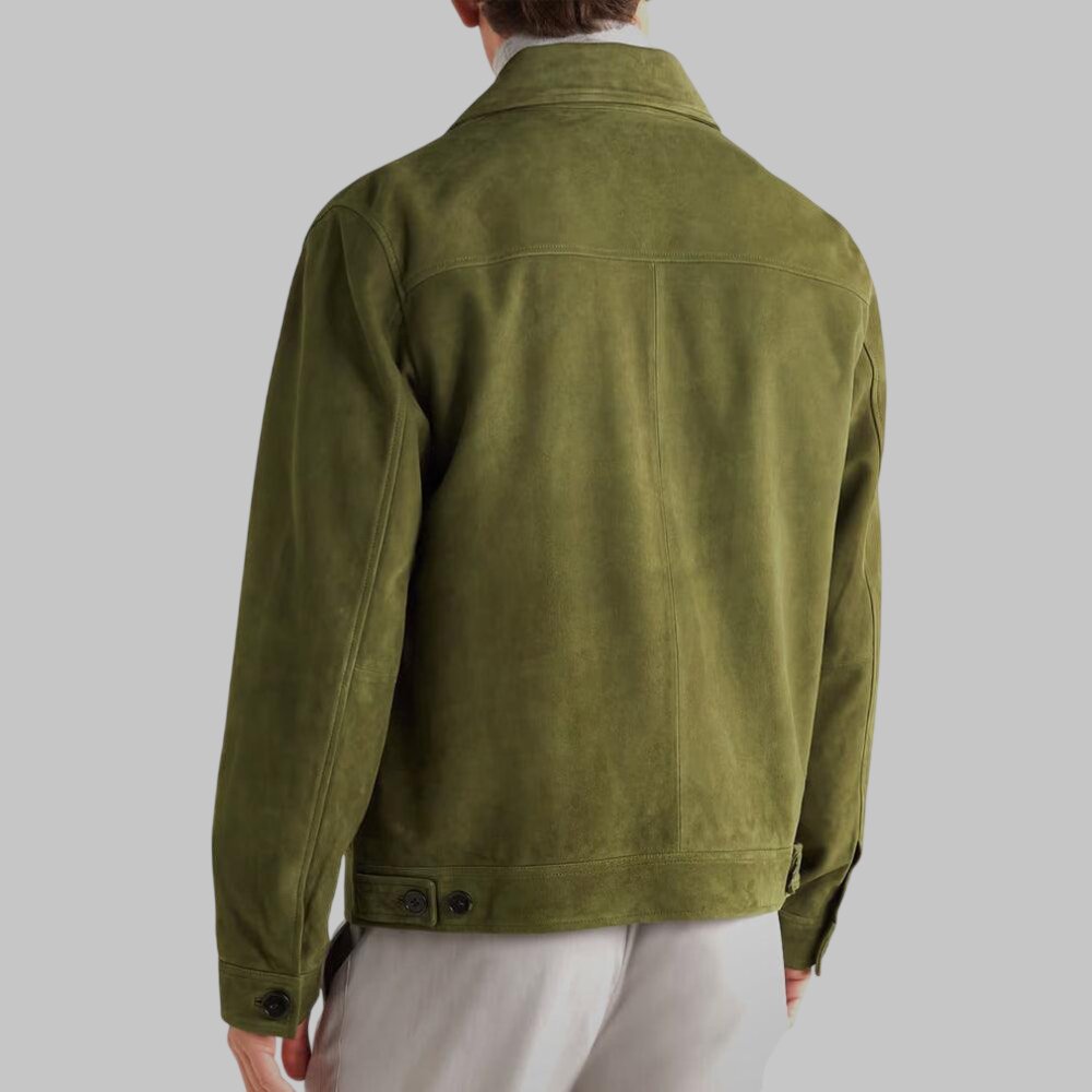 Men Green Real Suede Leather Trucker Jacket