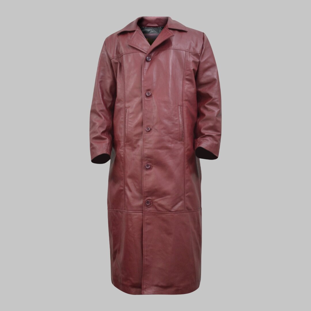 Men Maroon Casual Leather Trench Coat
