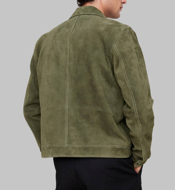 Men Olive Green Suede Leather Trucker Jacket