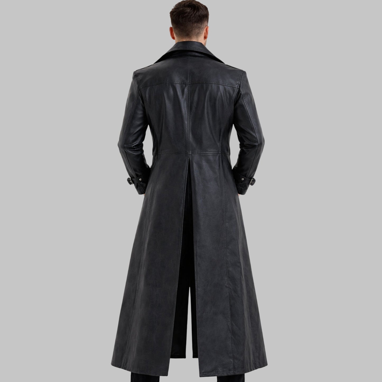 Men Premium Black Leather Long Trench Coat