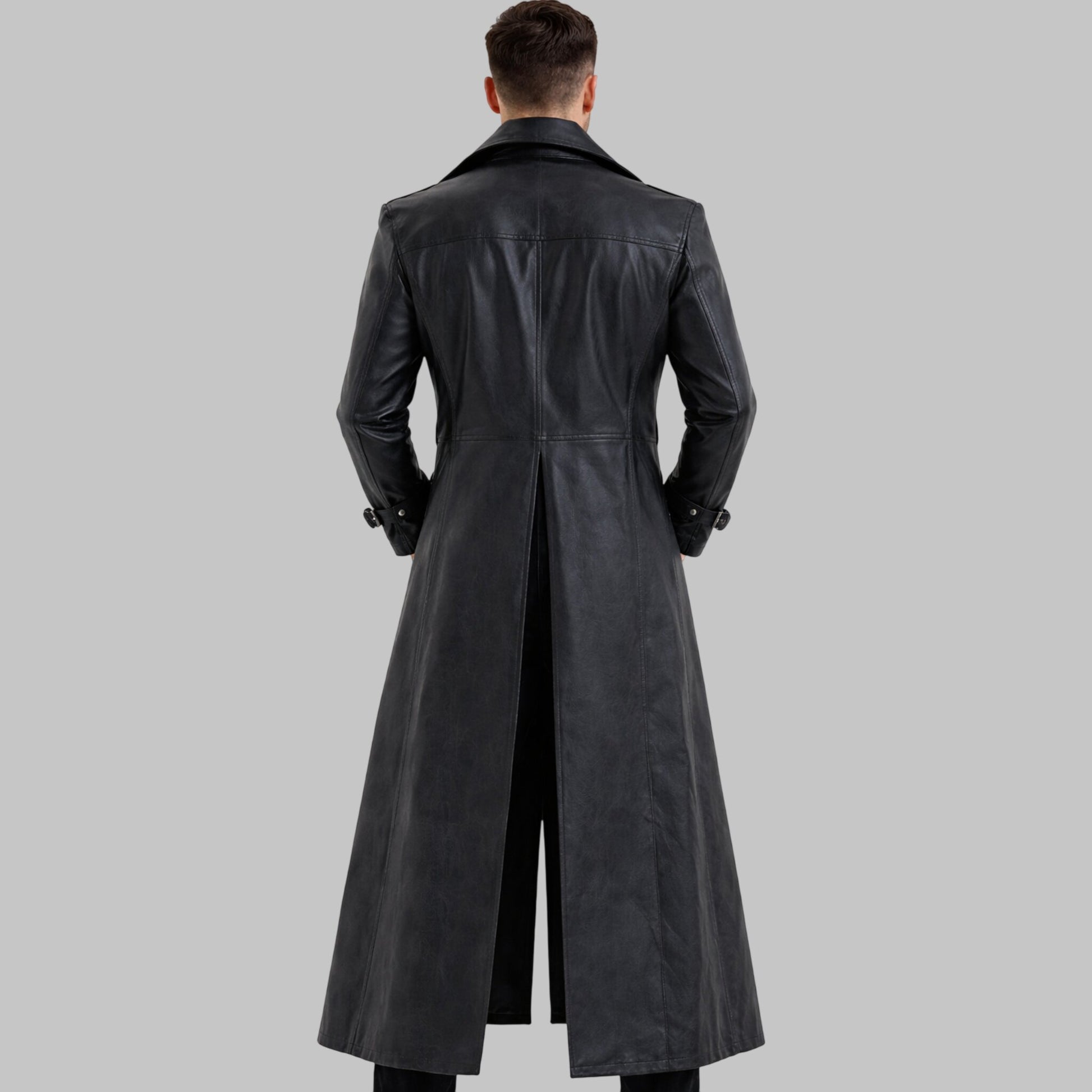 Men Premium Black Leather Long Trench Coat