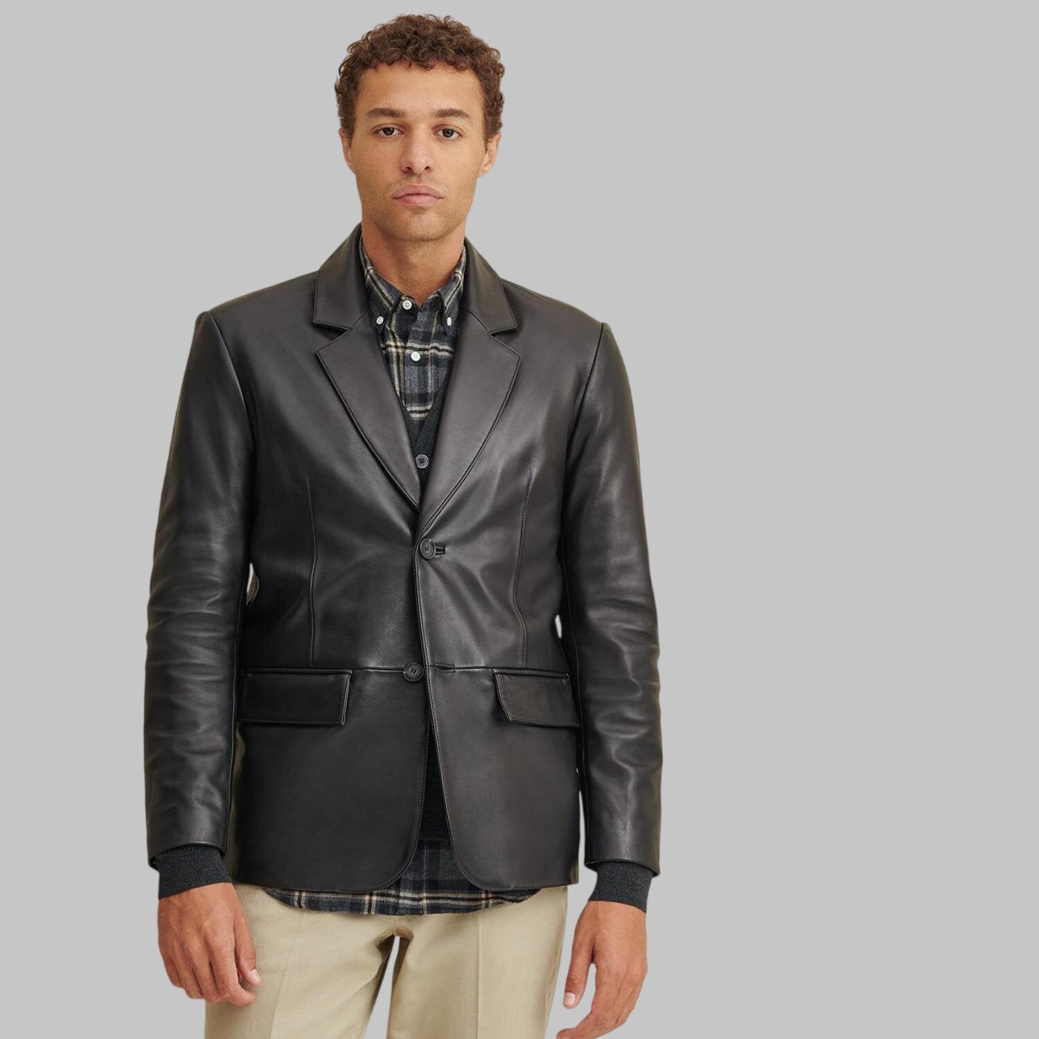 Men Premium Black Two Button Leather Blazer