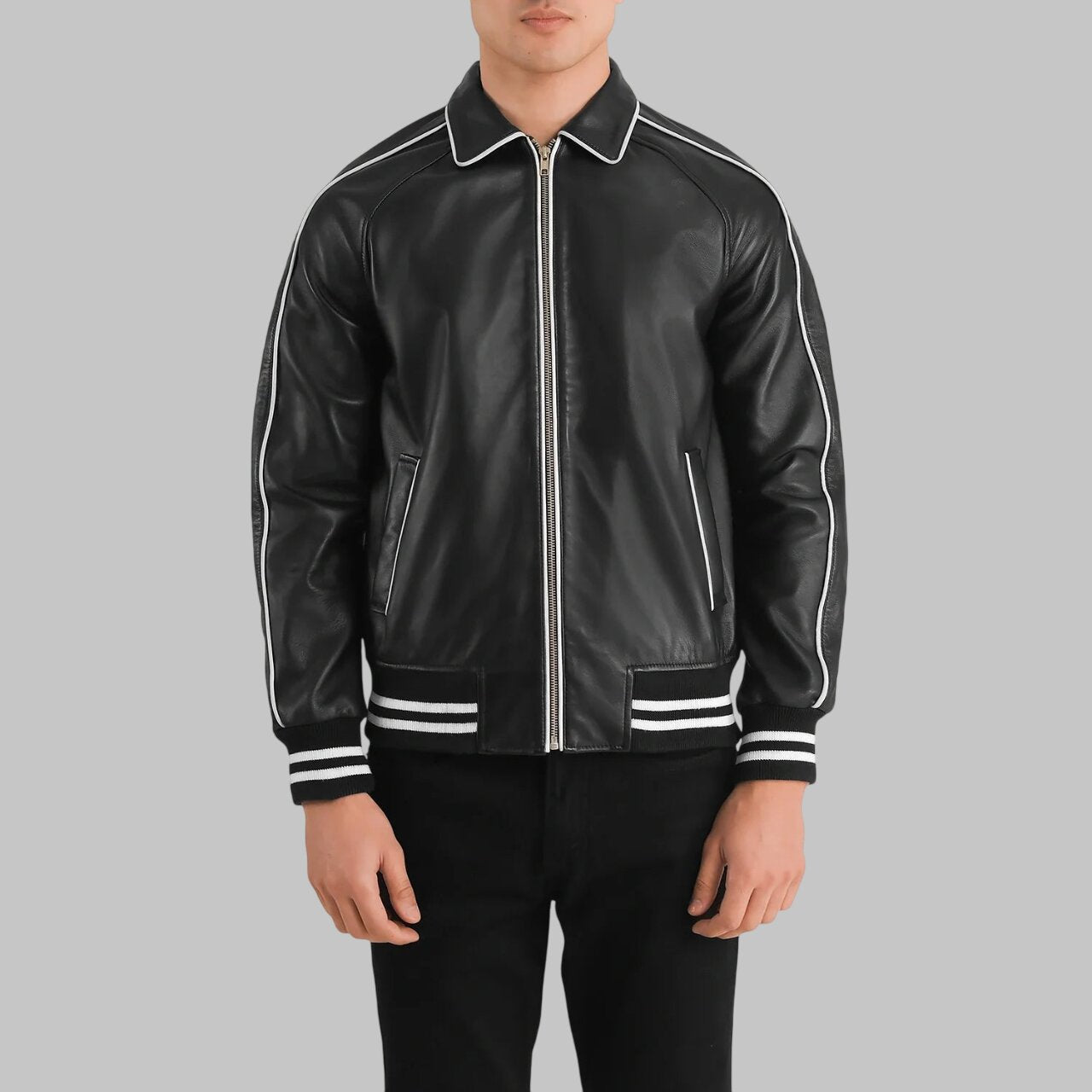 Men Stylish Black Leather Varsity Jacket