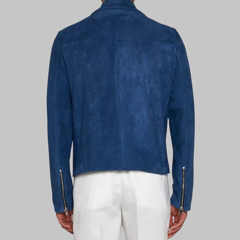 Men Stylish Blue Suede Leather Biker Jacket