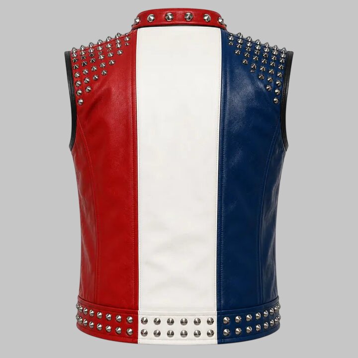 Men Tricolor Studded Leather Biker Vest