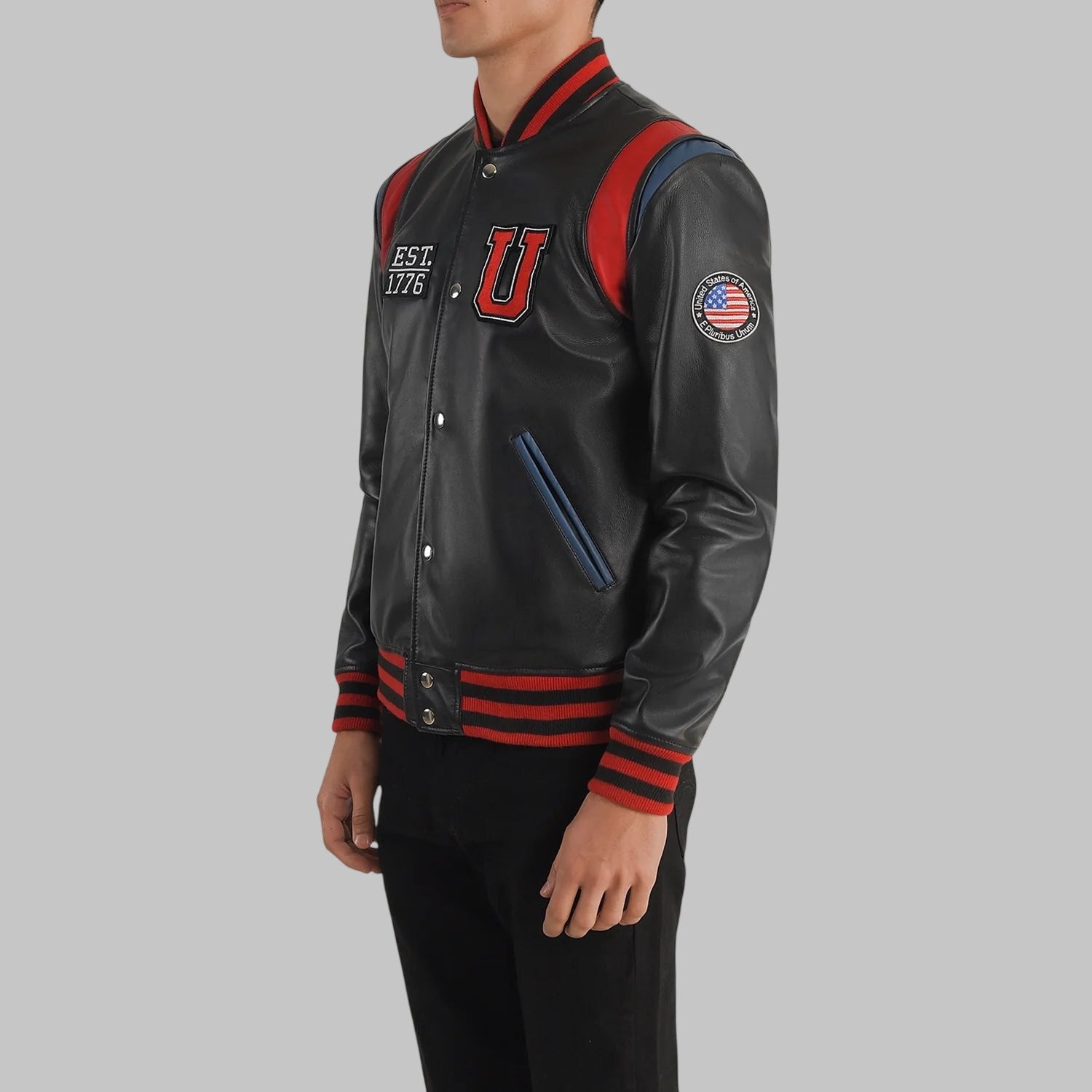 Men USA Black Leather Varsity Jacket