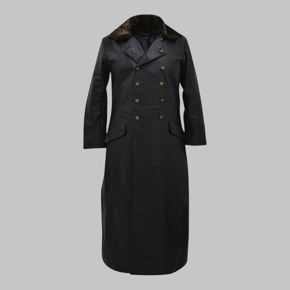 Men World War 2 Style Black Leather Trench Coat
