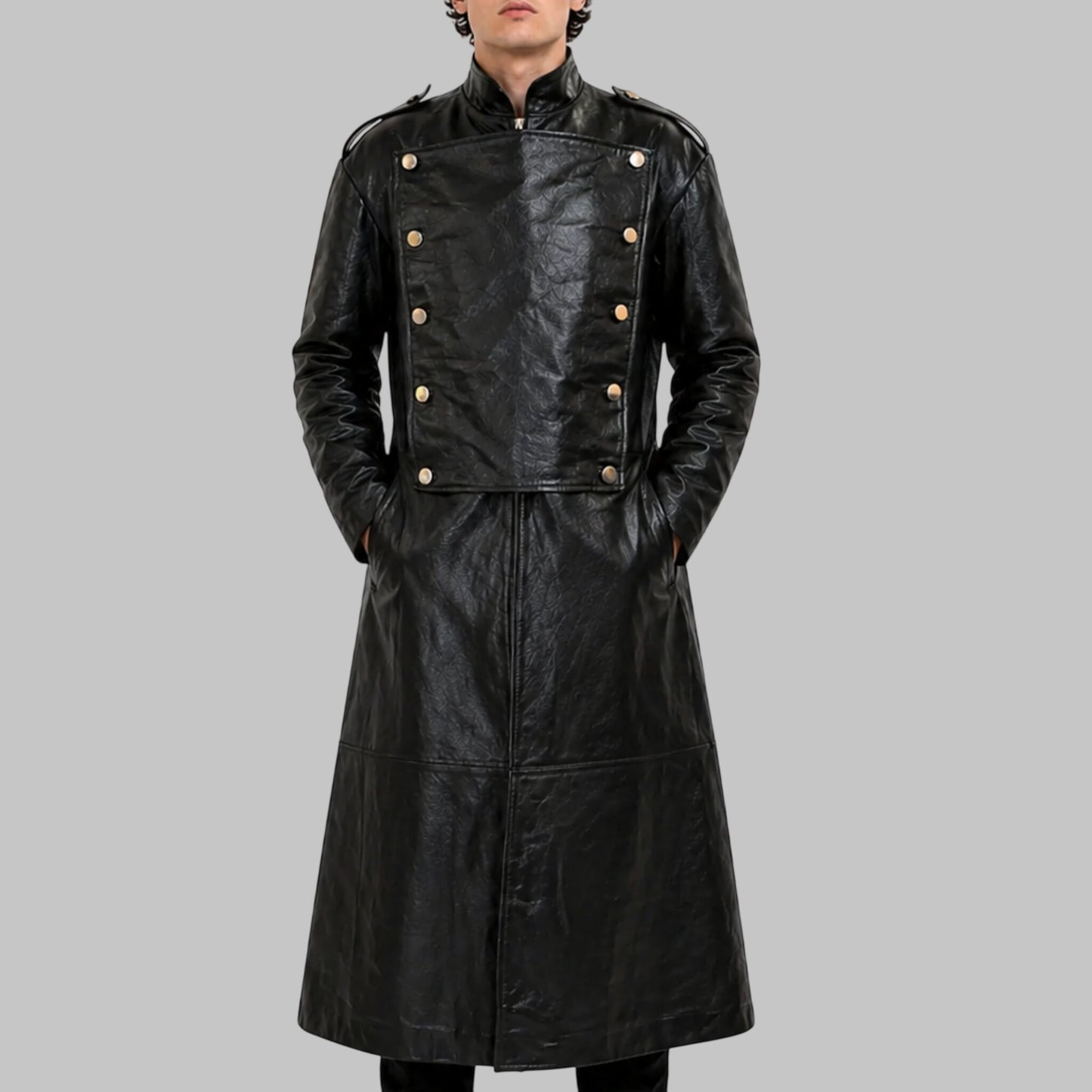 Men's Black Imperial Military Style Genuine Leather Trench Coat