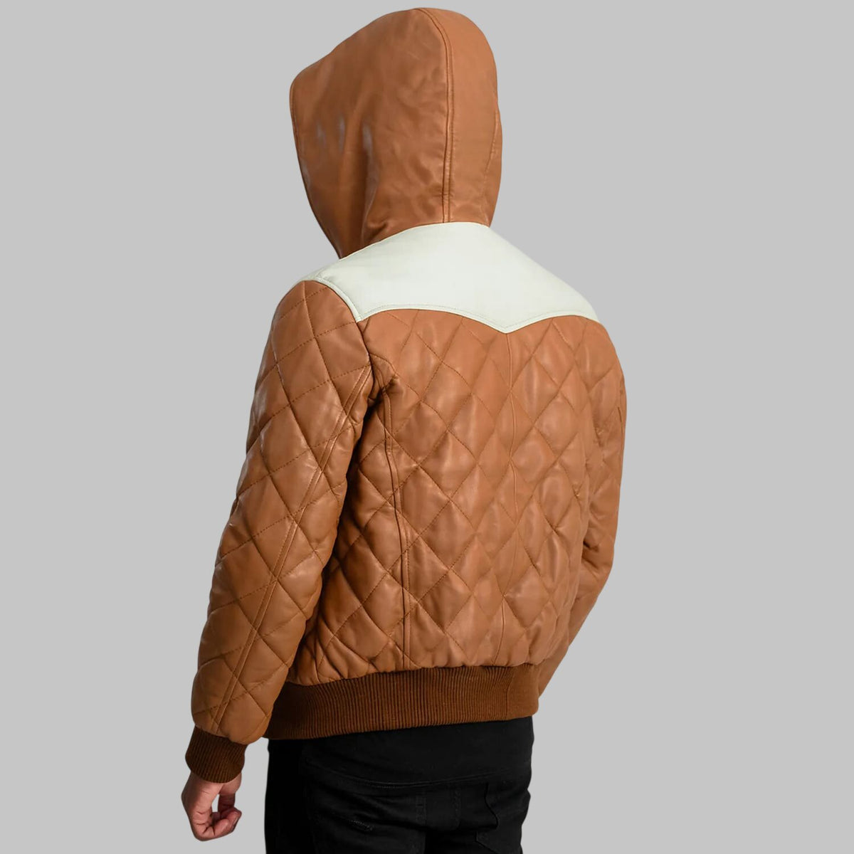 Men's Brown Hooded Quilted Leather Bomber Jacket