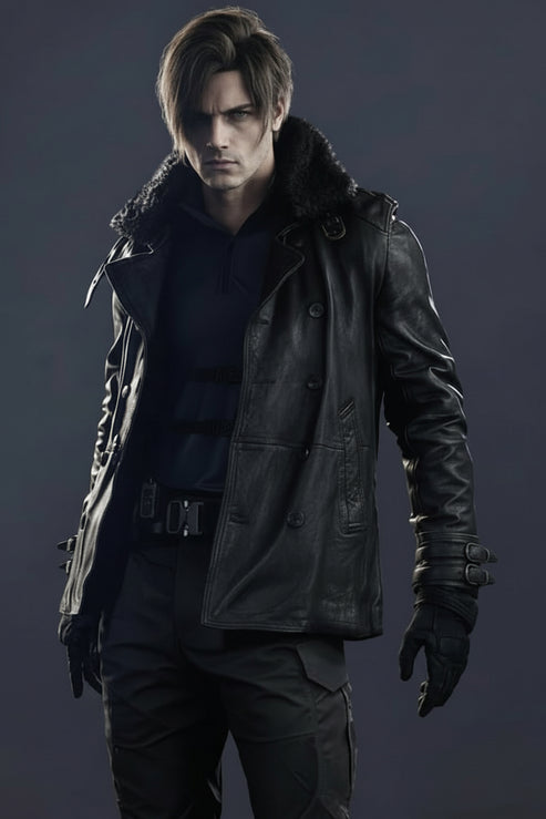Resident Evil Leon Kennedy Black Sheepskin Leather Jacket