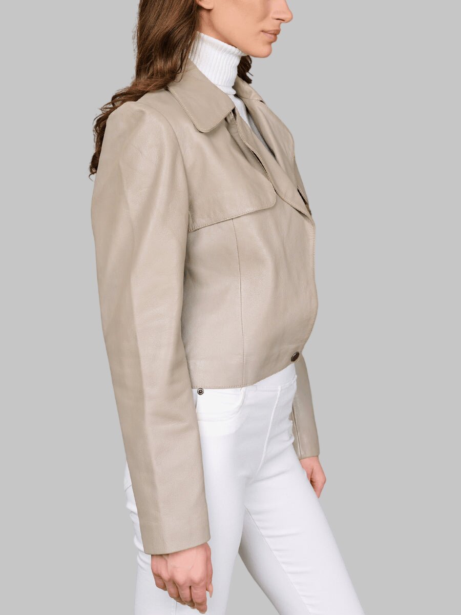 Women Beige Cropped Leather Biker Jacket
