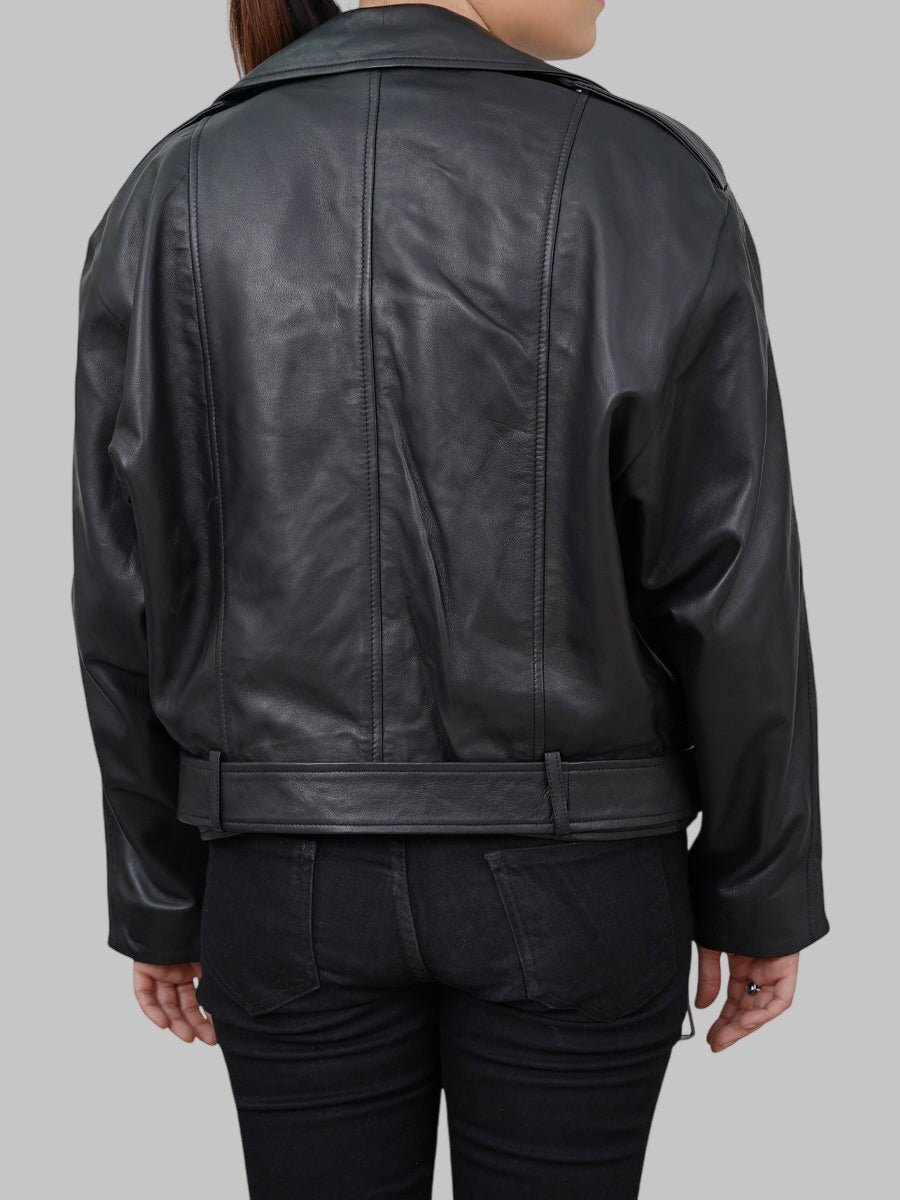 Women Black Cropped Leather Motorcycle Jacket
